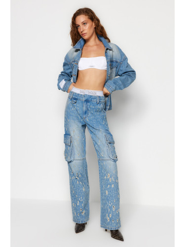 Trendyol X Sagaza Studio Син еластичен детайл и носене на дънки