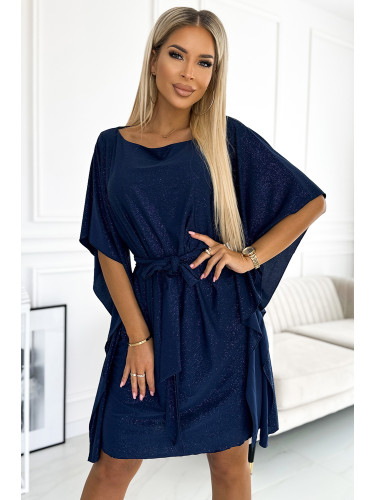 287-25 SOFIA Butterfly dress with a binding at the waist - navy blue with glitter