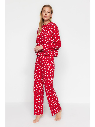 Trendyol Red 100% Cotton Heart Tshirt-Pants Knitted Pajama Set