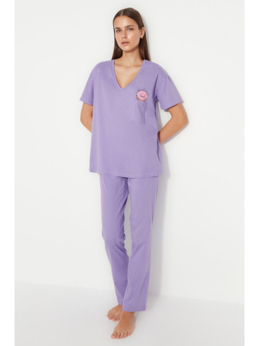 Trendyol Lilac Printed Pocket Detailed Wide Cut T-shirt-Pants Knitted Pajama Set