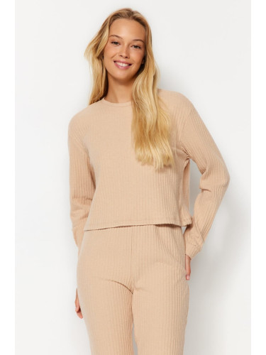 Trendyol Beige Soft Touch Ribbed Knitted Pajama Set