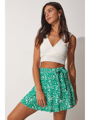 Happiness İstanbul Women's Green Belted Patterned Mini Viscose Shorts Skirt