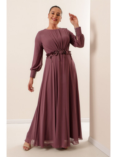 By Saygı Lined Long Chiffon Dress with Floral Detailed Waist Wide Sizes Dark Indigo.