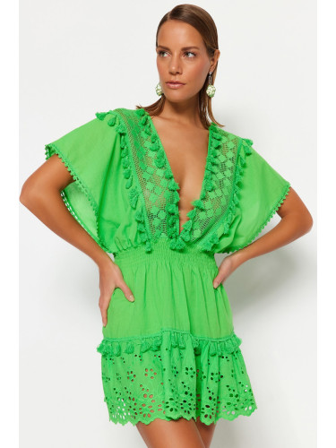 Trendyol зелен мини тъкани бродерия 100% памук плажна рокля
