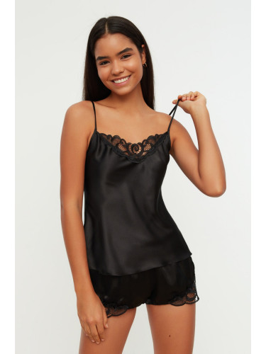 Trendyol Black Satin Lace Detailed Rope Strap Woven Pajama Set