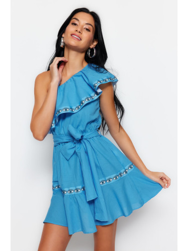 Trendyol Blue Belted Mini Weave Stripe Accessoried One-Shoulder 100% Cotton Beach Dress