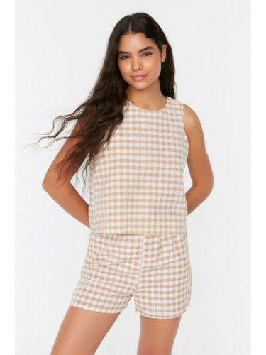 Trendyol Beige Gingham Back Detailed See-through Fabric Woven Pajamas Set