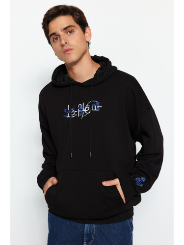 Trendyol Black Oversize/Wide Cut Letter Embroidered Hooded Sweatshirt