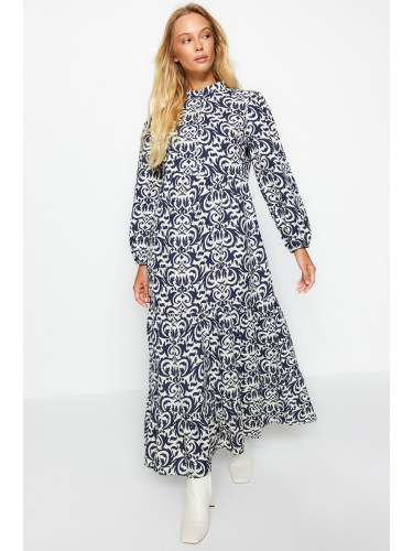 Trendyol флот синьо шарени половин лапа широк годни памук тъкани рокля