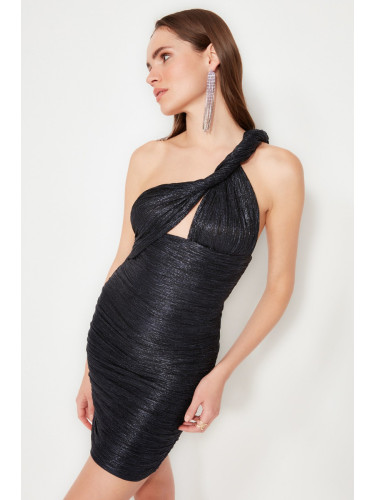 Trendyol тъмно синьо вталена подплатена плетена лъскава стилна вечерна рокля