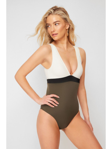 Trendyol зелено-бяло v-образно деколте цвят блок редовни крак бански