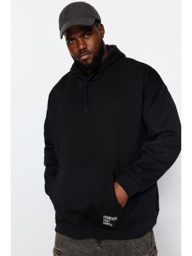 Trendyol Black Plus Size Hooded Labeled Fleece/Warm Sweatshirt