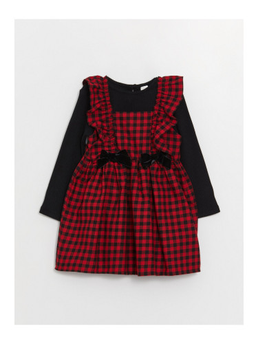 LC Waikiki Crew Neck Plaid Patterned Baby Girl Overalls Dress and T-Shirt 2-Pack