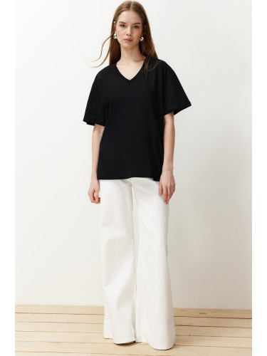 Trendyol Black 100% Cotton Boyfriend V-Neck Knitted T-Shirt