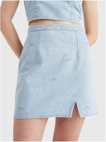 Light blue women's denim short skirt with a ripped Tommy Jeans effect