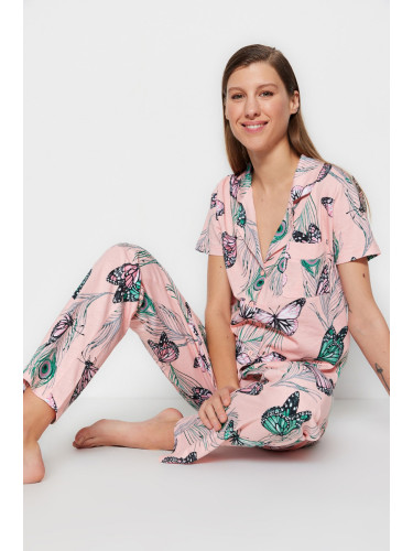 Trendyol Pink 100% Cotton Butterfly Patterned Shirt-Pants Knitted Pajama Set