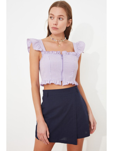 Trendyol Lilac Fitted Zipper Detailed Gingham Crop Woven Blouse