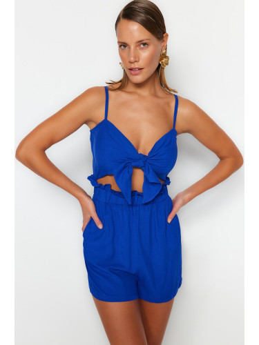 Trendyol Sax-Wave Tie 100% Cotton Linen Look Jumpsuit