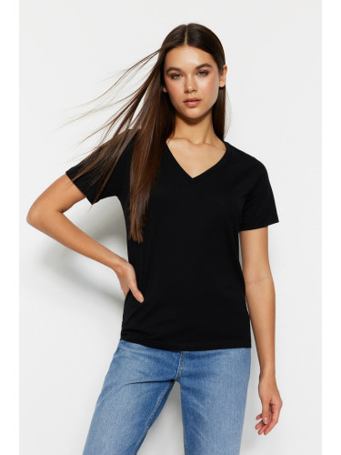 Trendyol Black 100% Cotton Basic V-Neck Knitted T-Shirt