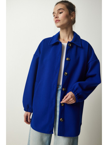 Щастие İstanbul жените кобалт синьо закопчана джоба извънгабаритни риза яке
