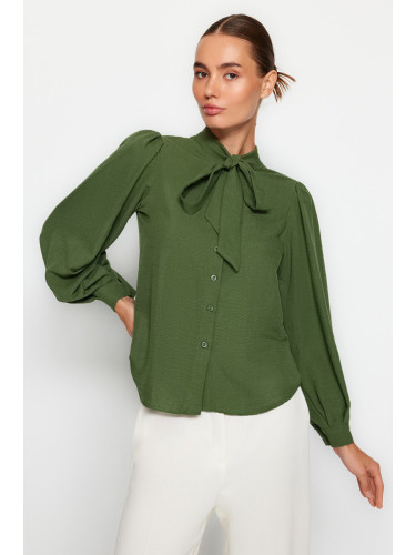 Trendyol Khaki Scarf-Length Regular Pattern Woven Shirt with Draped Sleeves