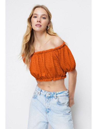 Trendyol Orange Carmen Collar Wrap Crop Knitted Blouse