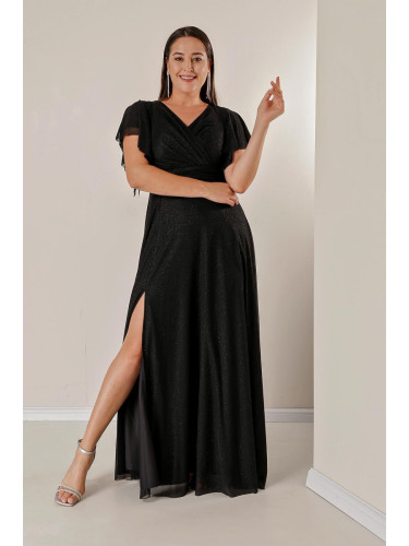 От Saygı двойна гърди врата отпред драпирани облицована плюс размер дълга сребриста рокля с волан цепка на ръкавите