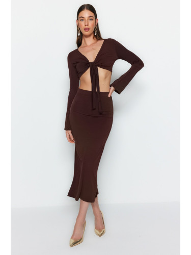 Trendyol Dark Brown Tie Detailed Super Crop and Midi Knitted Blouse and Skirt Top-Bottom Set