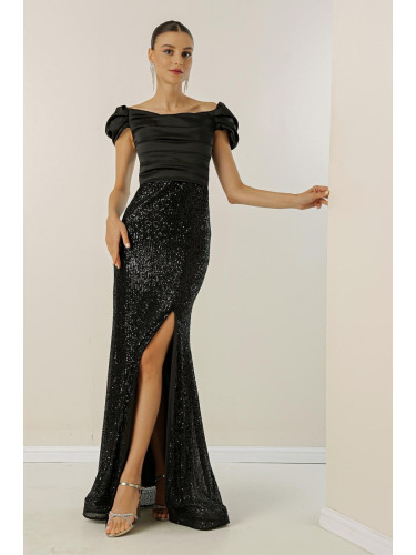 От Saygı Мадона яка отпадна пълничък ръкави отпред драпирани отгоре сатен дъното подпухнали дълга рокля