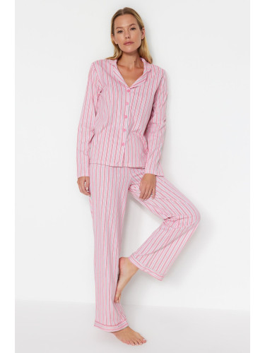 Trendyol Pink 100% Cotton Striped Shirt-Pants Knitted Pajama Set