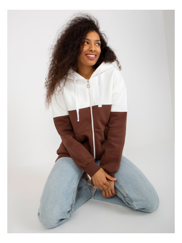 Ecru-brown basic long sweatshirt with zipper