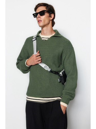 Trendyol Green Casual Unisex Regular Fit Polo Collar Non-Pilling Knitwear Sweater