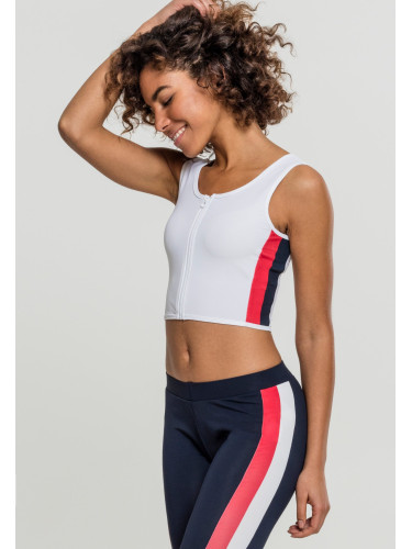 Women's top with side stripe with zipper in white/tan/navy