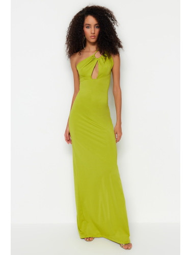 Trendyol светло зелено облицована плетена вечерна рокля с прозорец/изрязани детайли