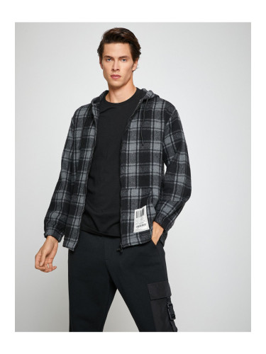 Koton Plaid Hooded Sweatshirt Pocket Detail Zipper Label Printed