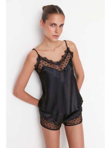 Trendyol Black Polka Dot Tulle and Lace Detailed Satin Woven Pajama Set