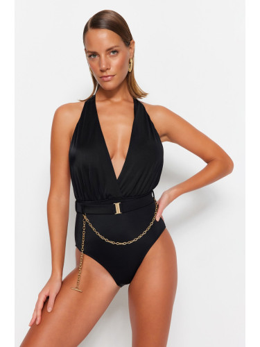 Модерен черен дълбоко деколте аксесоар, редовен крак бански