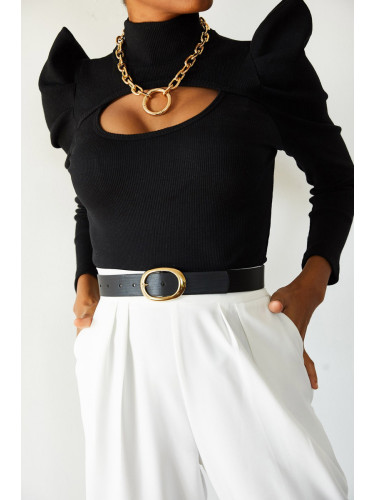 XHAN Women's Black Plunger Detail Standing Shoulder Blouse