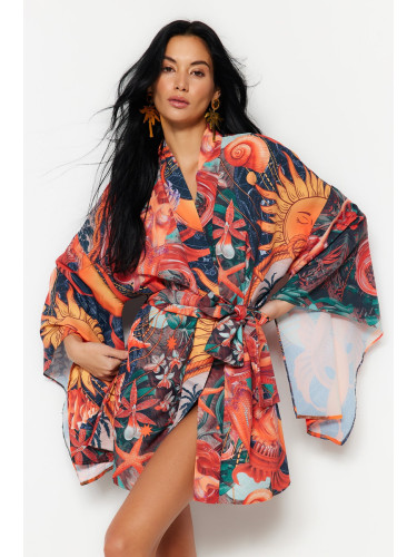 Trendyol Tropical Patterned Belted Flounce Mini Woven Beach Kimono&Caftan