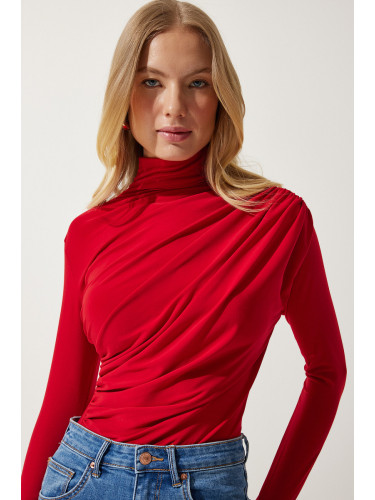 Happiness İstanbul Women's Red Gather Detailed High Collar Sandy Blouse