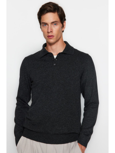 Trendyol Anthracite Slim Fit Wool Polo Collar Buttoned Smart Knitwear Sweater