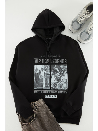 Trendyol Black Men's Oversize/Wide Cut Rap Music Printed Cotton Sweatshirt with Fleece Inside