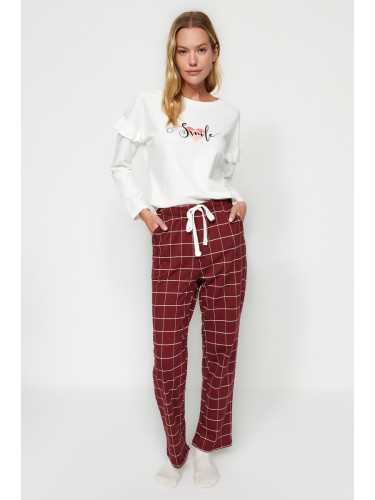 Trendyol White 100% Cotton Slogan Tshirt-Pants Knitted Pajama Set