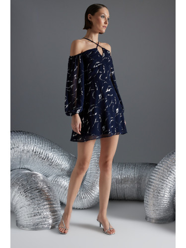 Trendyol флот синьо фолио отпечатани подробни вечерна рокля