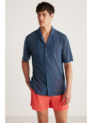 GRIMELANGE Doug Men's Linen Look Regular Fit Tiril Tiril Fabric Summer Navy Blue Shirt