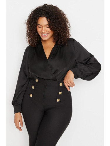 Trendyol Curve Black Woven Long Sleeve Double Breasted Satin Plus Size Bodysuit