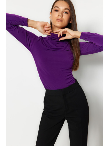 Trendyol Purple Gather Detailed High Collar Fitted/Long Sleeve Fitted Stretchy Knitted Blouse