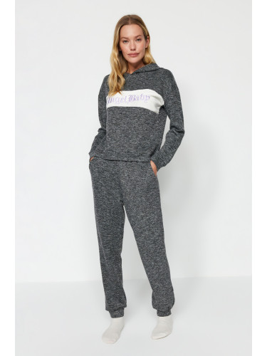 Trendyol Gray Cotton Motto Printed Sweatshirt-Jogger Knitted Pajamas Set