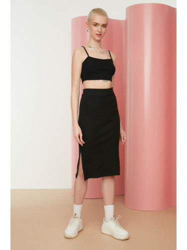 Trendyol Black With Double Slits, Fitted High Waist Ribbed Flexible Midi Knitted Skirt