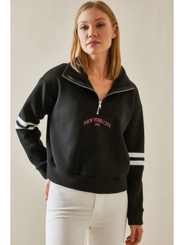 XHAN Black Zipper Detailed Printed Sweatshirt